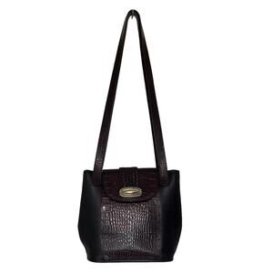 Brighton‎ Shoulder Bag No.182236 Croc Embossed Leather Flap Black Brown Vintage